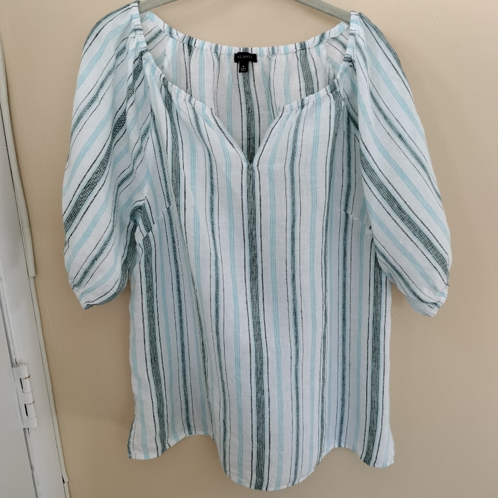 Talbots Breezy Stripe Blue White Linen Popover Shirt Top M Vacation Coastal